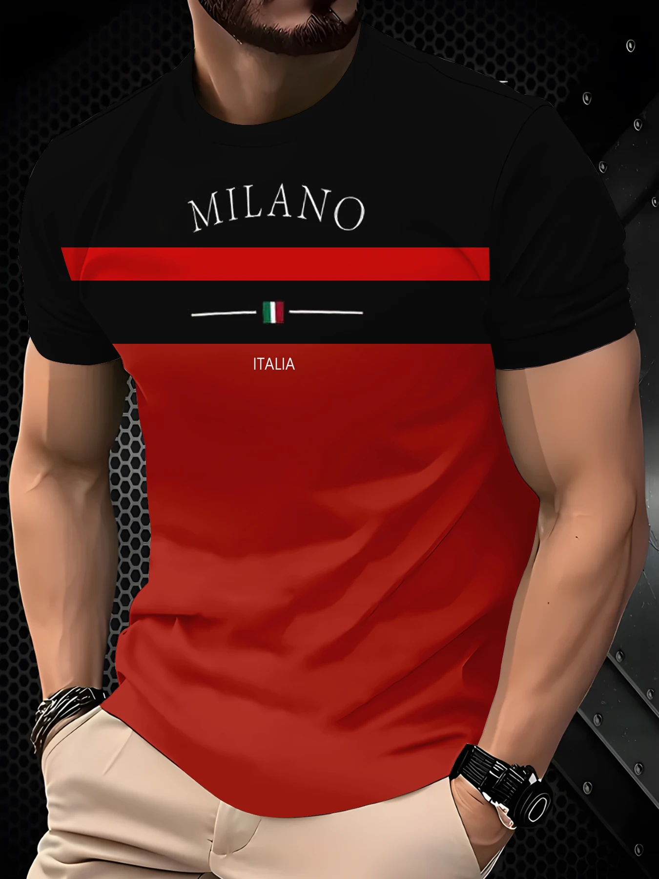 Casual Men Contrast Two Tone Horizontal Striped Letter Art Basic Short Sleeve Top