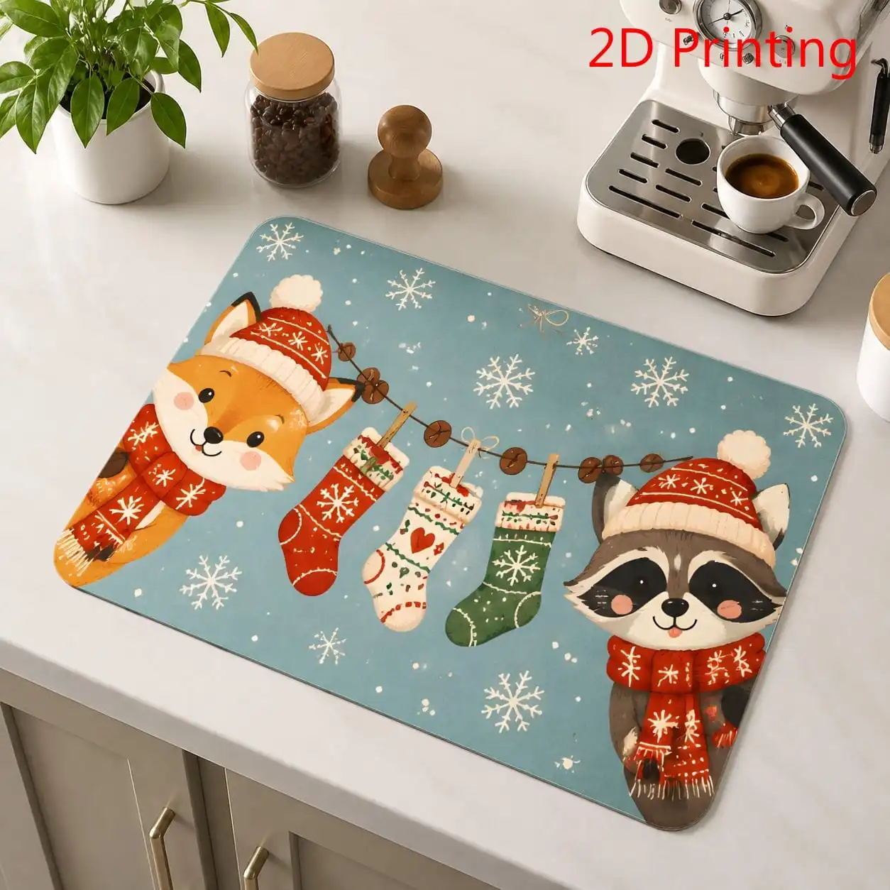 Super Absorbent Mat 2D Printing Fox Raccoon Christmas Pad Dish Drying Cushion Winter Holiday Coffee Maker Placement Rug