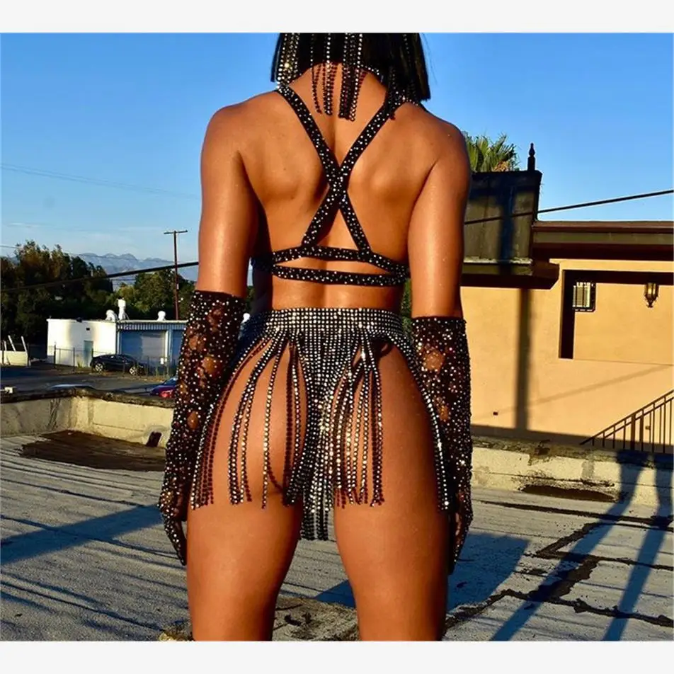 2023 Women's Sexy Fringed Sequin Short Skirt High Waist A-Line  Skirt for Night Club Cross-Border Fashion Diamond Chain
