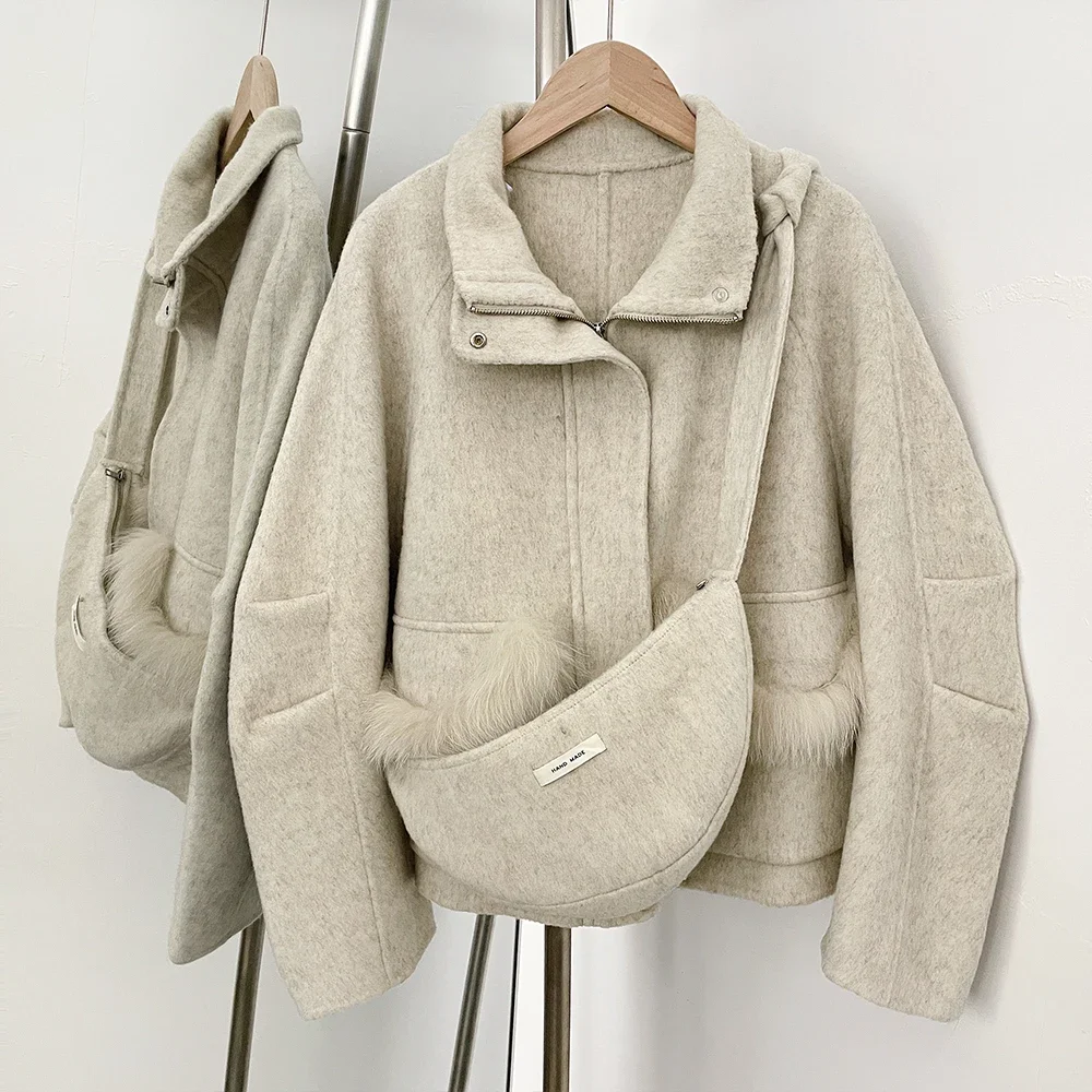 Vrouwen Echte Vos Bontjas Wollen Jas Rits Mode Casual Lange Mouwen Vrouwelijke Tas Herfst Lente Zakken Korte Wolmix Jas