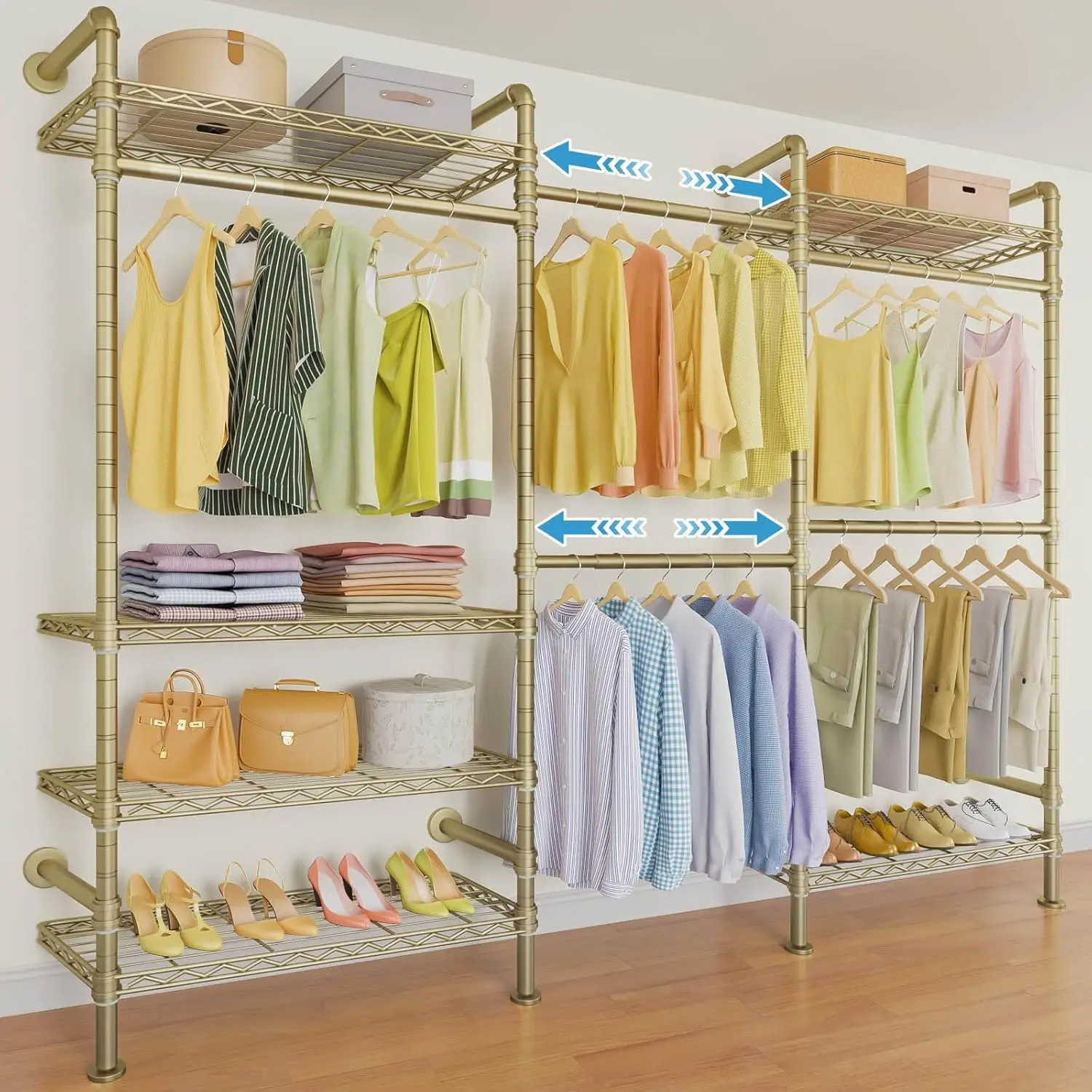 

Heavy Duty Wall Mounted Clothes Rack, Expandable Industrial Pipe Garment Rack with Shelves, Adjustable Storage for Closet, Gold