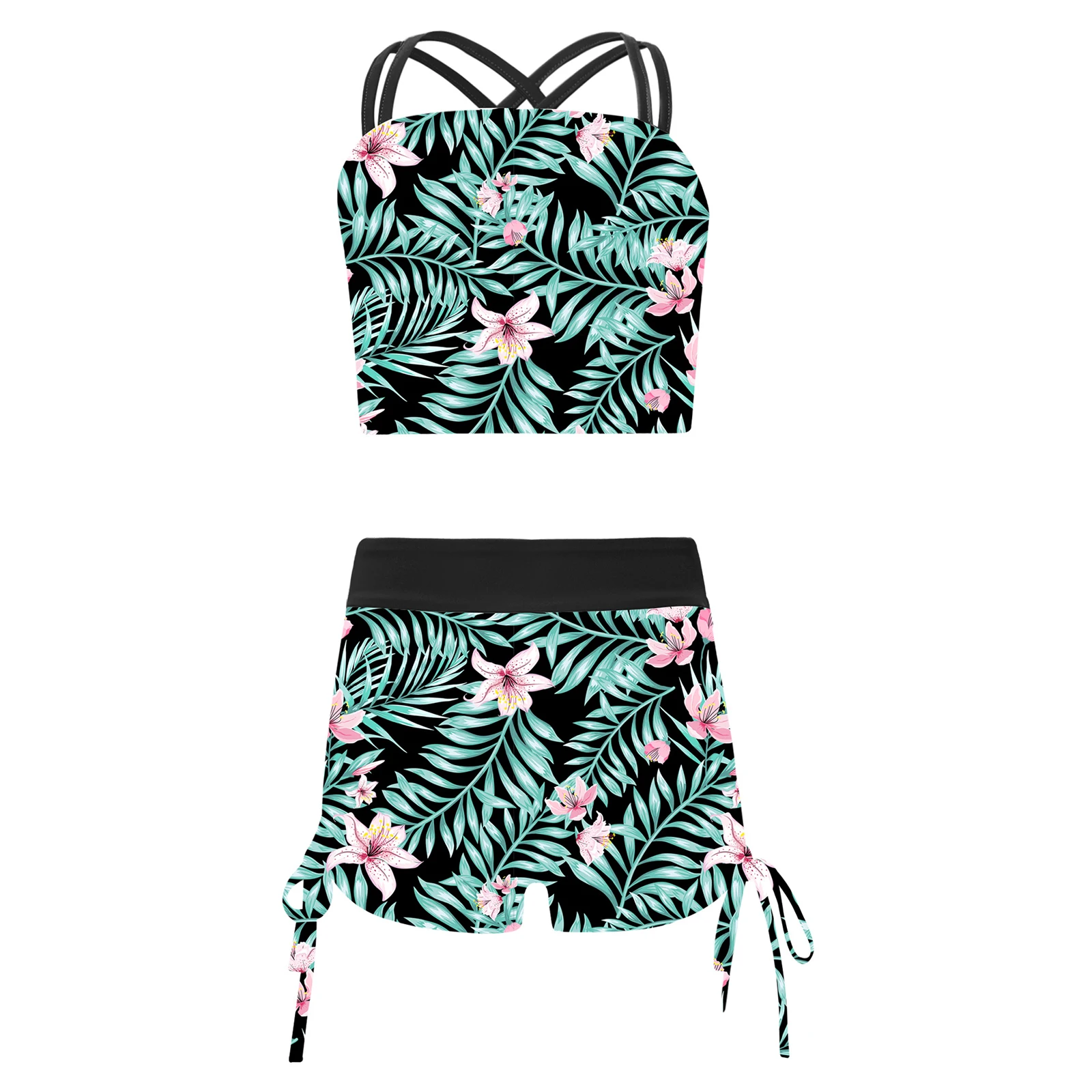 

2pcs Kids Girls Print Swimsuit Double Spaghetti Straps Crop Vest Tank Top with Side Drawstring Shorts Set Bathing Suit Swimwear