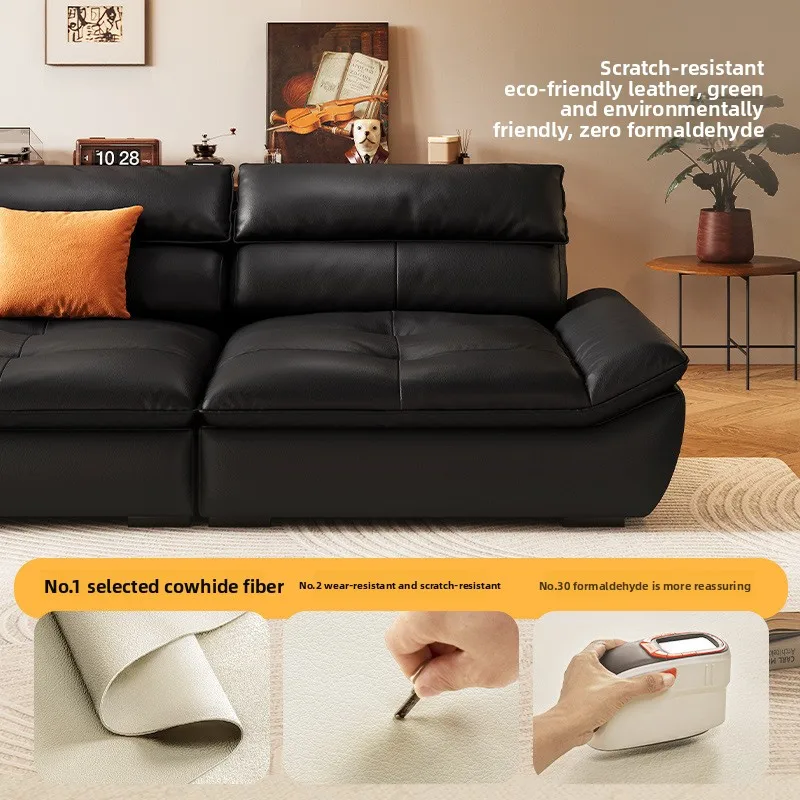 Sailing sofa super wide sitting deep retro style living room straight row, adjustable backrest black leather sofa