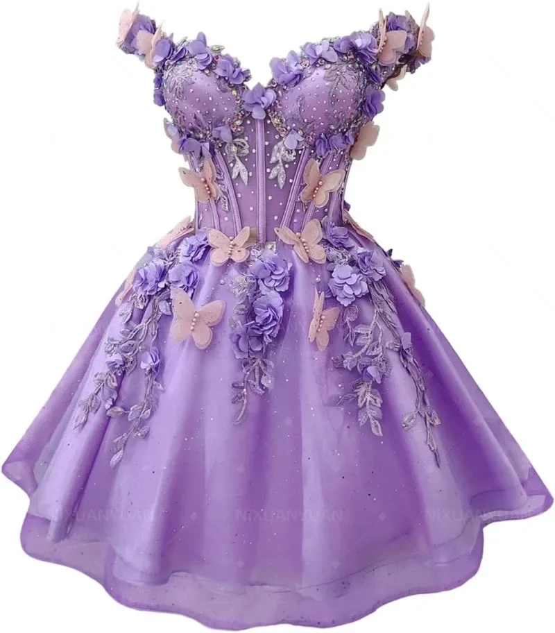 Butterfly Short Homecoming Dresses for Teens Off Shoulder Prom Dress for Quinceanera Puffy Tulle Short Prom Gown Customized