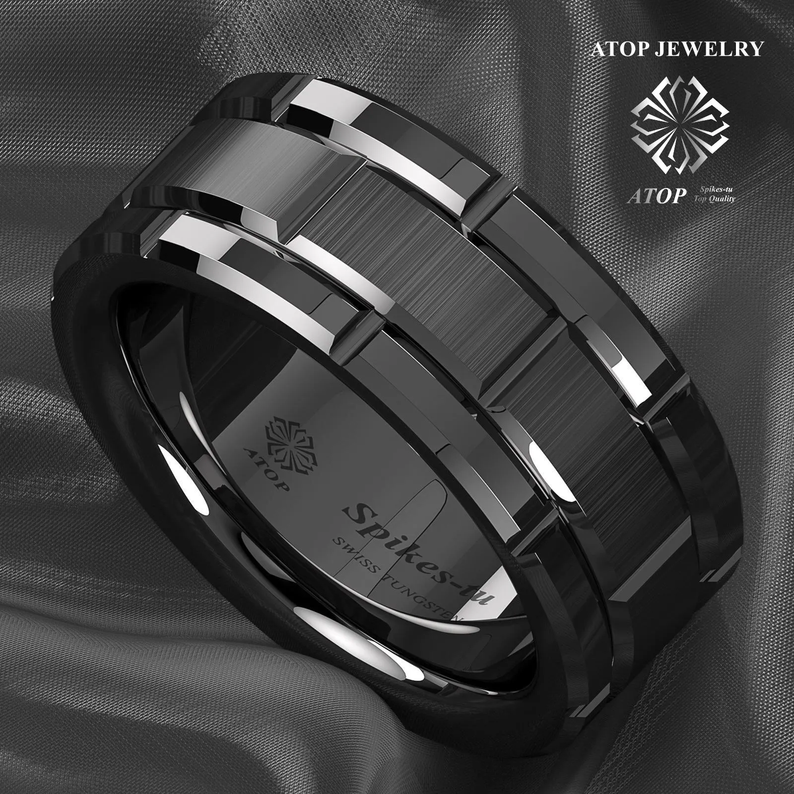 8mm Black Tungsten Carbide Ring Bushed Brick Pattern ATOP Men Wedding Band