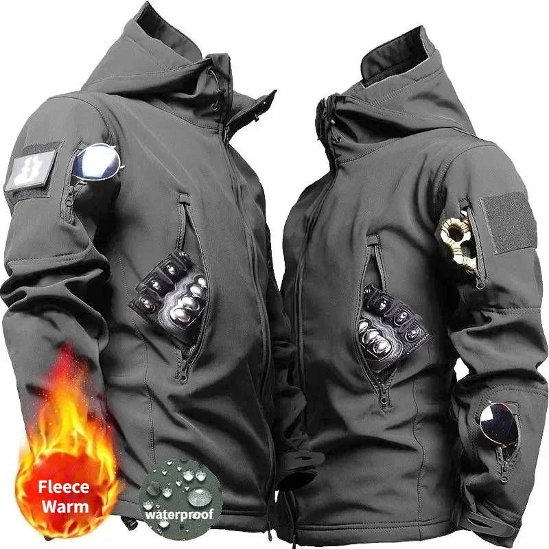 Winter Fleece Waterproof and Warm Men\'s Jackets Shark Skin Military Tactical Hooded Coat Mens Outdoor Multi Pocket Zipper Jacket