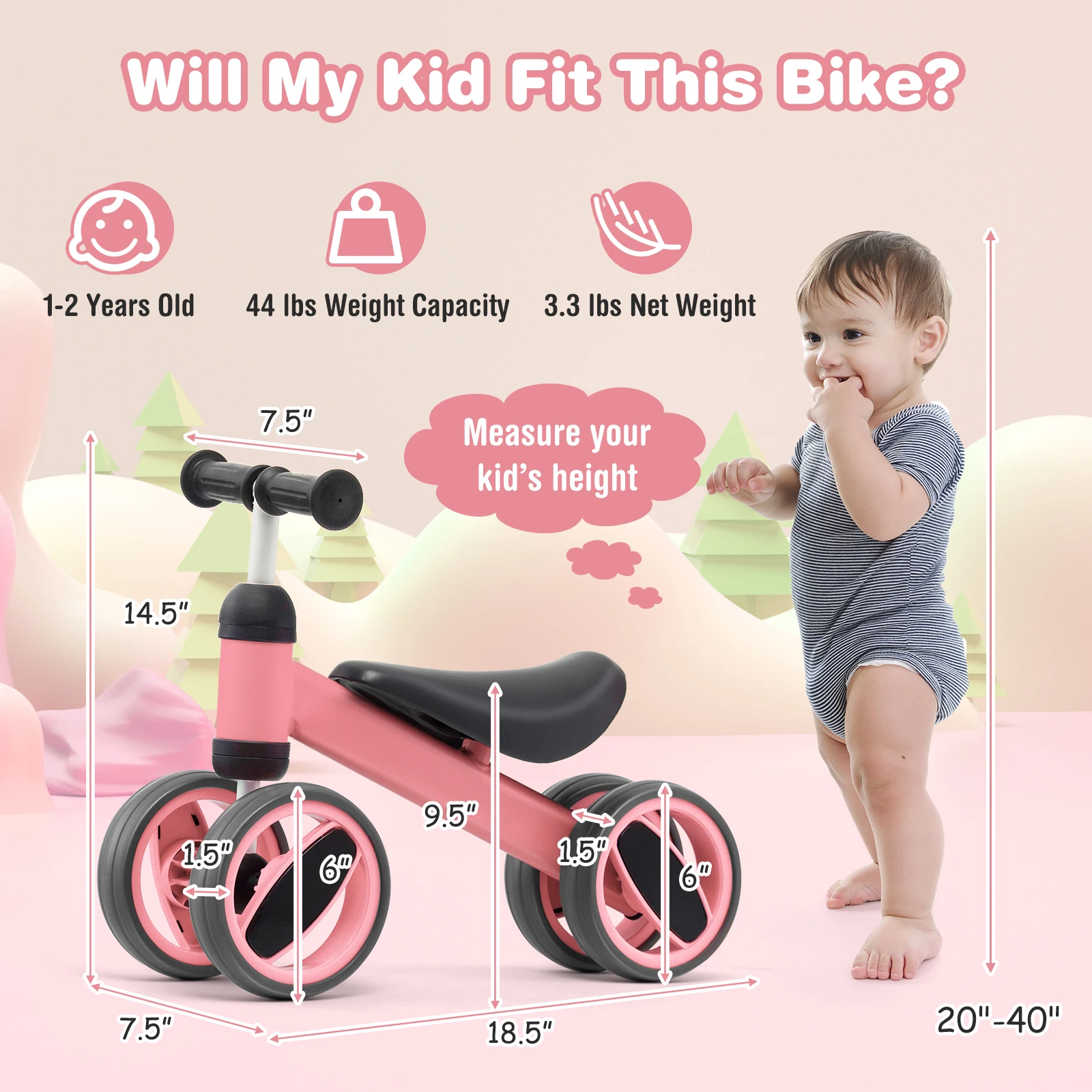 Baby Balance Bike Toddler Riding Toys w/ 4 Wheels Pink