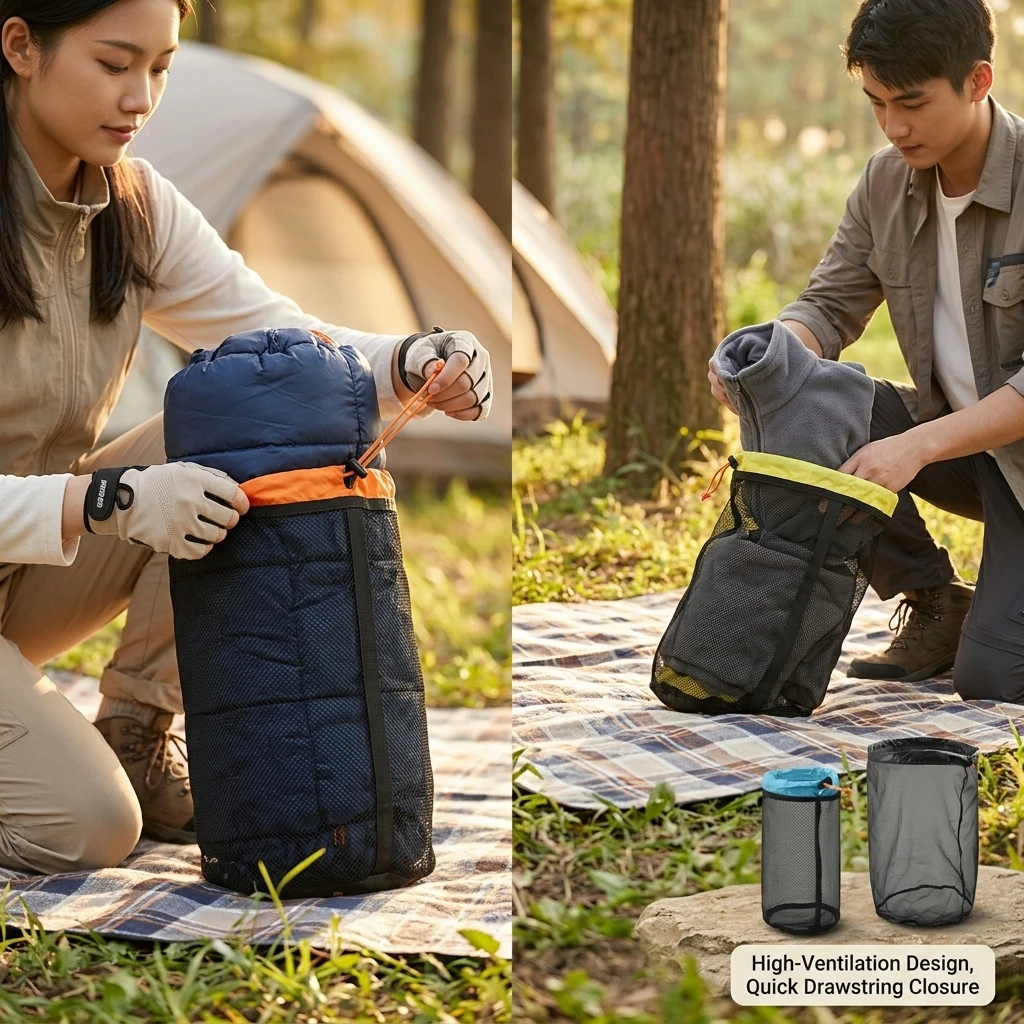 Camping Hammock Mesh Storage Bag Travel Clothes Drawstring Compression Sack for Sleeping Bag