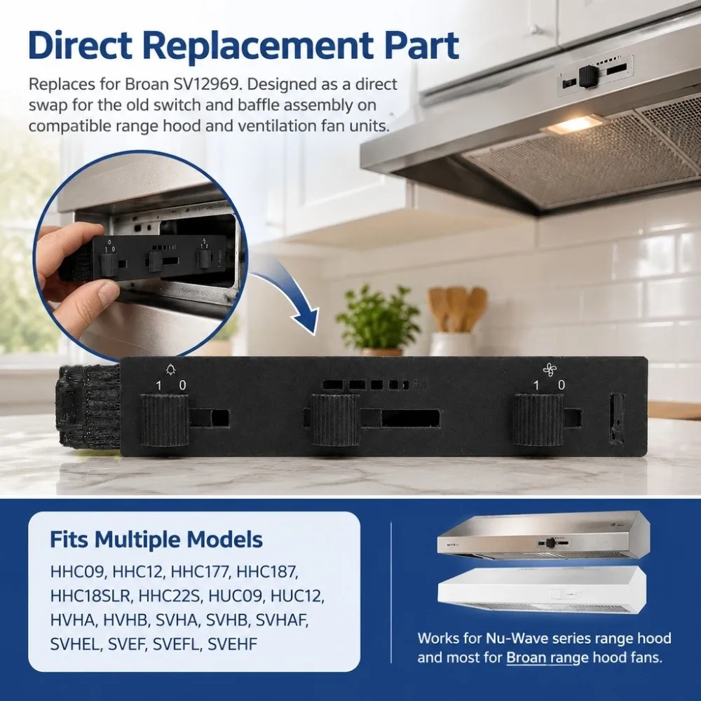 Black Baffle Range Hood Switch Replacement Assembly Range Hood Replacement for SV12969/BroanNu-Wool/Nutone127 128 129HHC09