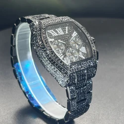 MISSFOX Hip Hop Diamond Mens Watches Black Color Stainless Steel Chronograph Male Quartz Wristwatch Business Iced Out Men Clock