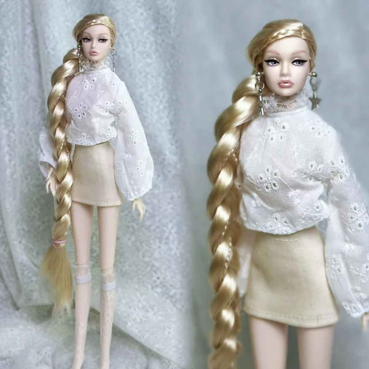 Sweet Fashion White Shirt+Half Skirt+Lace Knee-high Socks Set For 1/6 Babi Xianxian Supermodel Doll Daily Life Dress Up Clothes