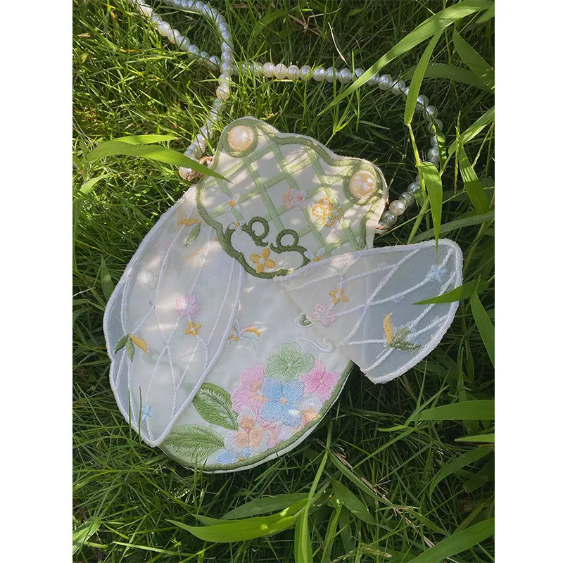 Vintage Chinese Style Embroidered Cicada Crossbody Bag Pearl Chain Strap Floral Coin Purse Women Daily Versatile Hanfu Accessory