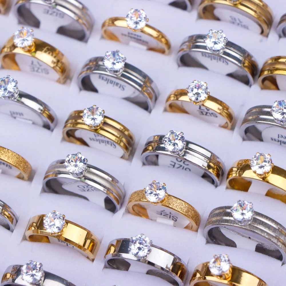 10Pcs/Lot Fashion Stainless Steel Zircon Silver Gold Color Love Rings For Women Men Wedding Jewelry Party Gifts Wholesale