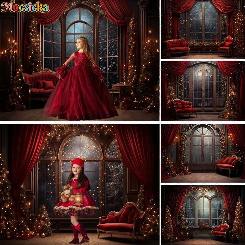 Indoor Christmas Window Backdrop For Kids Family Portrait Birthday Party Photography Xmas Tree Glitter Stars Red Curtain Decor