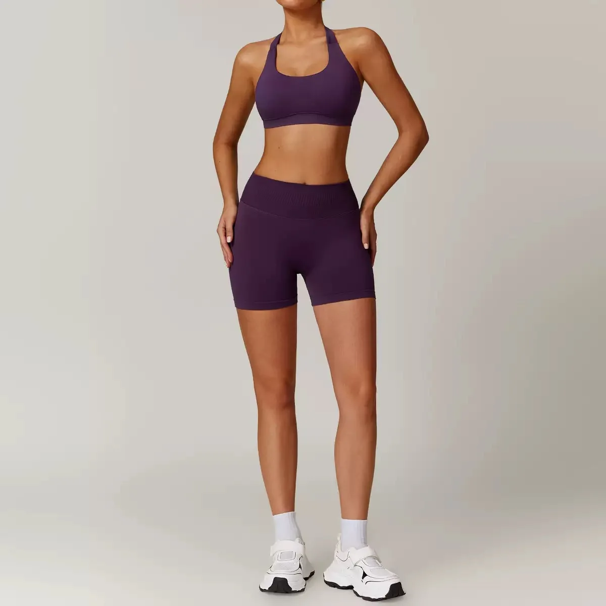 2-teiliges nahtloses Yoga-Outfit mit Neckholder-Top für Damen, Sport-BH, Shorts, Beauty-Back-Top, Lauf- und Fitnesshose, dehnbares, enganliegendes Set – Detail 2