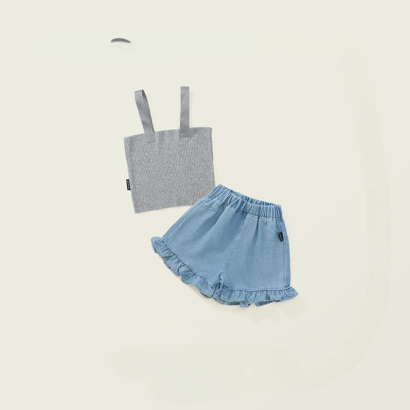 Girls' Summer Set 2024 New Girls' Korean Version Grey Halter Top + Lace Denim Shorts Two-piece Set