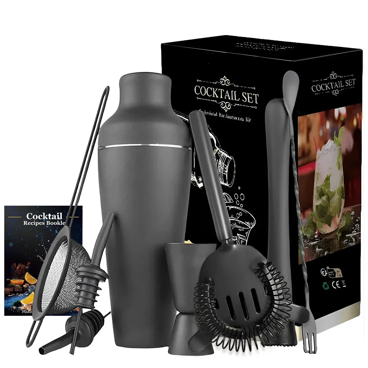 

8Pcs Cocktail Shaker Set Matte Black Wine Martini Drink Mixer Bartending Equipment Barware tools Bartender Kit for Home Bar