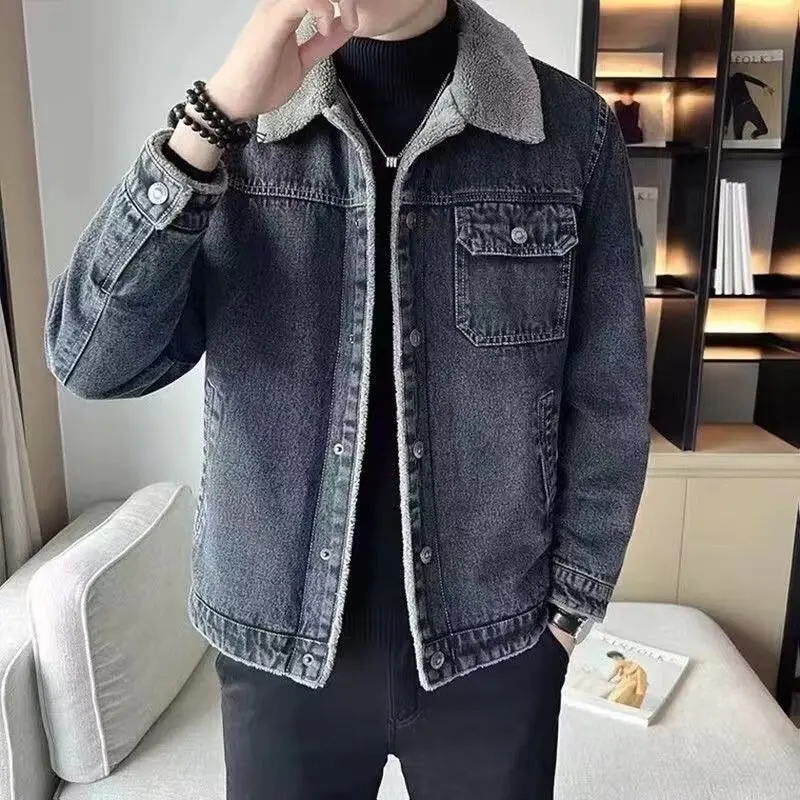 

Vintage Waed Denim Jaet Men's Stand Collar Coat Faion Urban Sle Casual Windproof Polyester Fabric Long Sve Coat