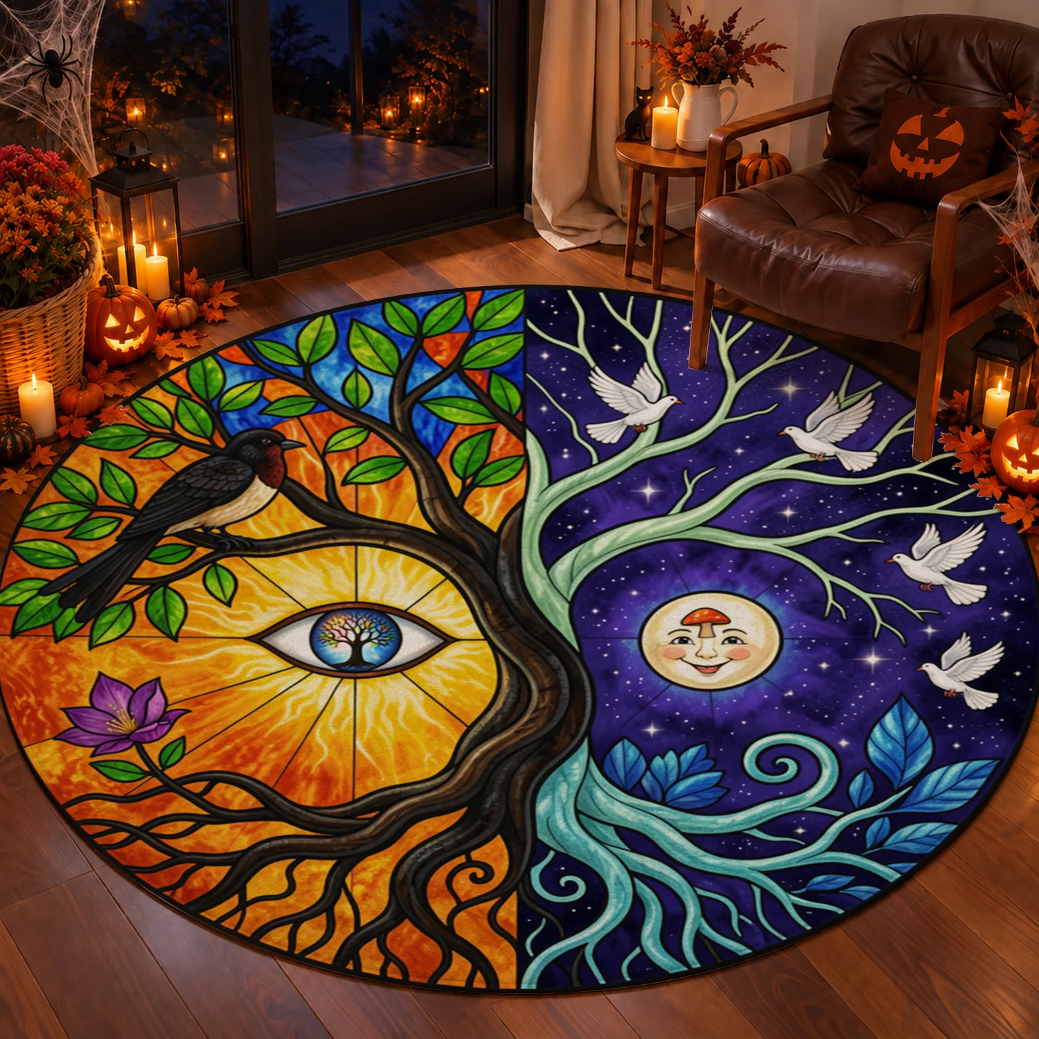 Stained Glass Yin Yang Tree Eye Moon Bird Pattern Round Velvet Wall Tapestry, Machine Washable, Perfect for Living Room, Bedroom, Office, Dining Room Decor, Great for Halloween, Thanksgiving, Black Friday, Christmas, New Year Home Decoration