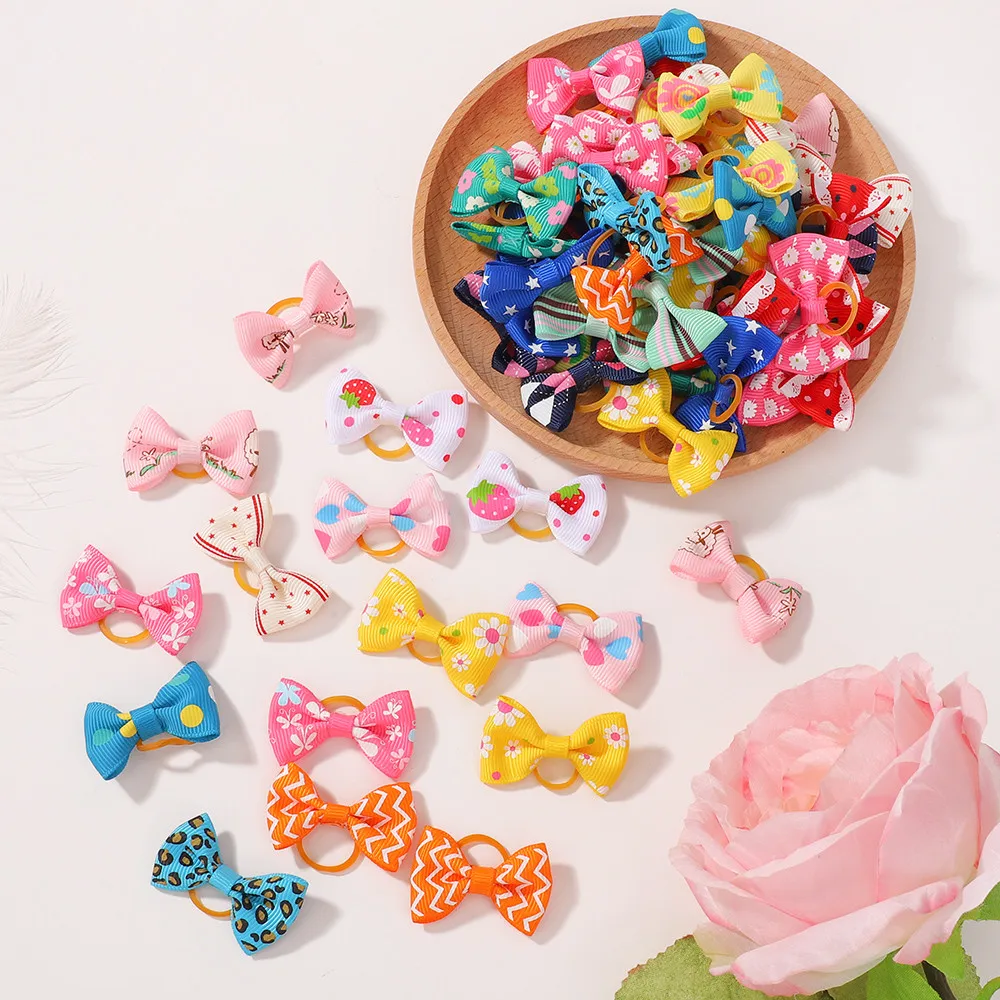 

50pcs Random Color Hair Bands Small Print Bowknot Girls Baby Headwear Kids Elastic Headdress Hair Rope Hair Accessories