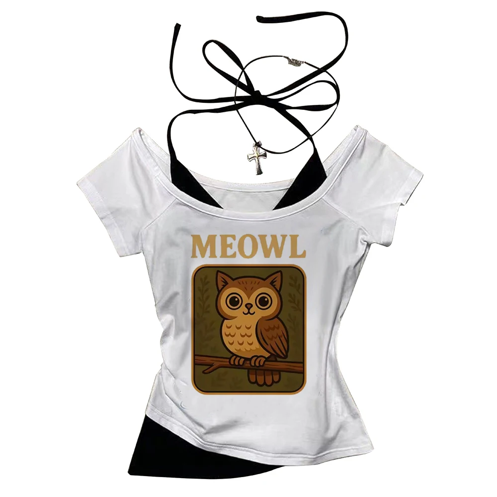 Meowl Crop Top Teen Anime Party Cute Jojifuku Ausverkauf T-Shirt Vintage Sommer Goth Grunge – Detail 9