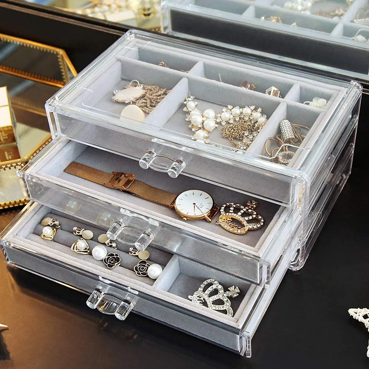 Acrylic three drawer storage box earrings earrings earrings jewelry multi cell sorting box transparent jewelry classification