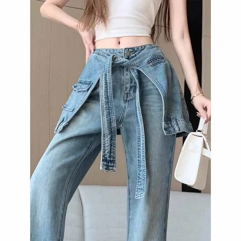 American Jeans Women's Spring and Summer Straps Fake Two-piece High-waisted Trouser Skirt Floor-mopping Wide-leg Pants