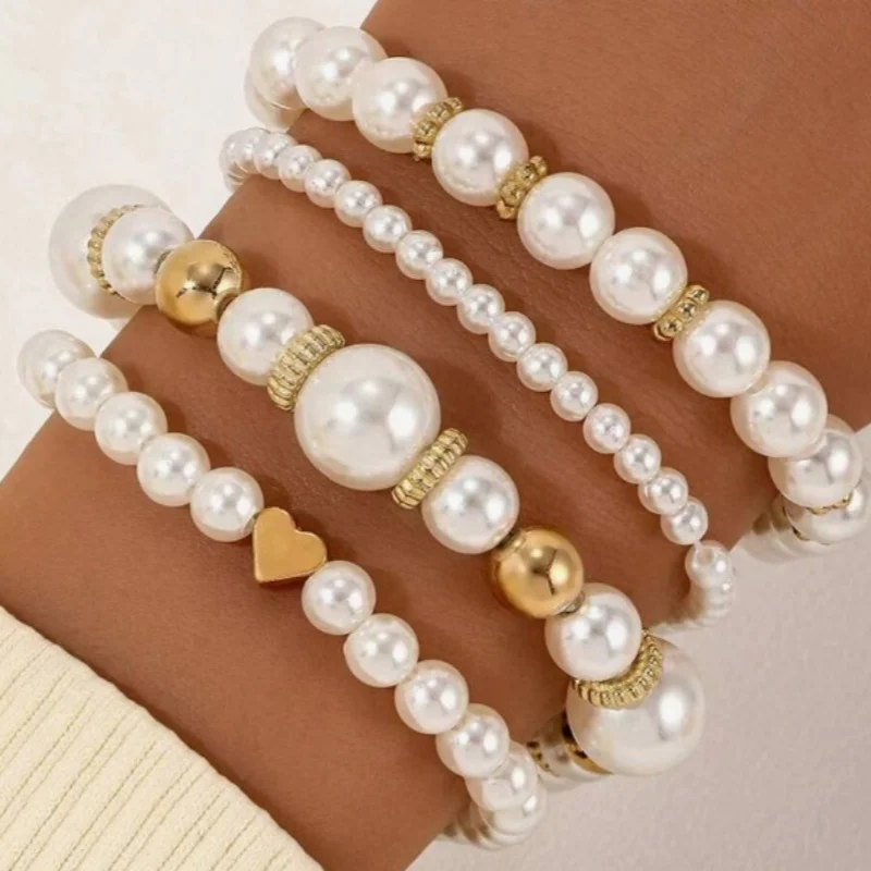 4pcs Cross border Hot Selling New Early Spring Heart Pearl Bracelet Set Unique Temperament Women Multi piece Stackable Bracelet