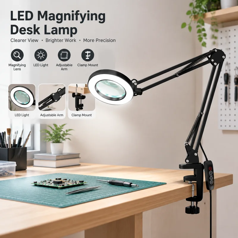 LED Magnifying Lamp, Long Arm Desk Light with 10X Lens, USB Powered 3-Mode Clamp Lamp for Reading Study, Crafts Repair Desk Lamp