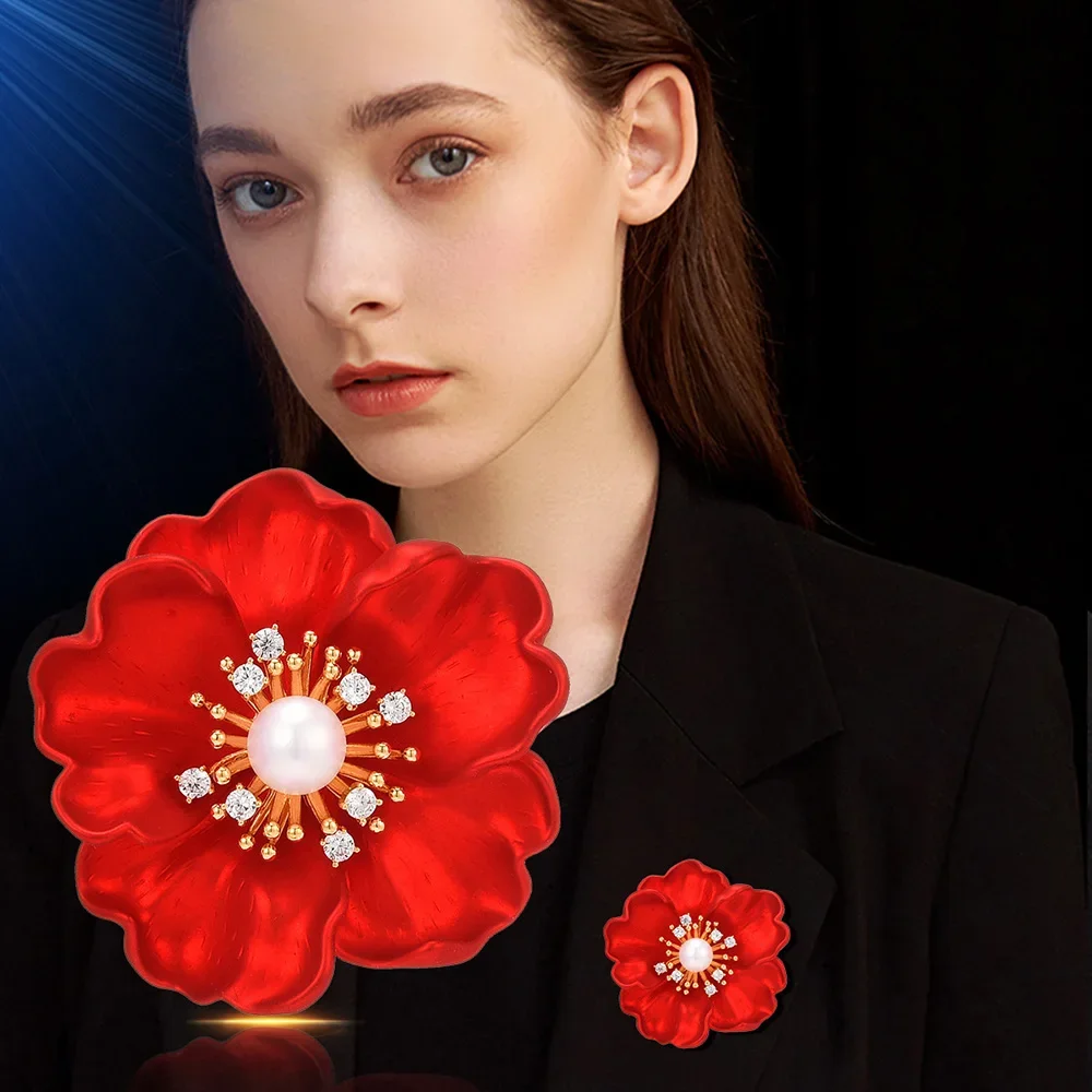 

2024 New Red Peony Flower Brooch for Women Elegant Freshwater Pearls Enamel Corsage Lady Party Wedding Scarf Metal Pin Jewelry