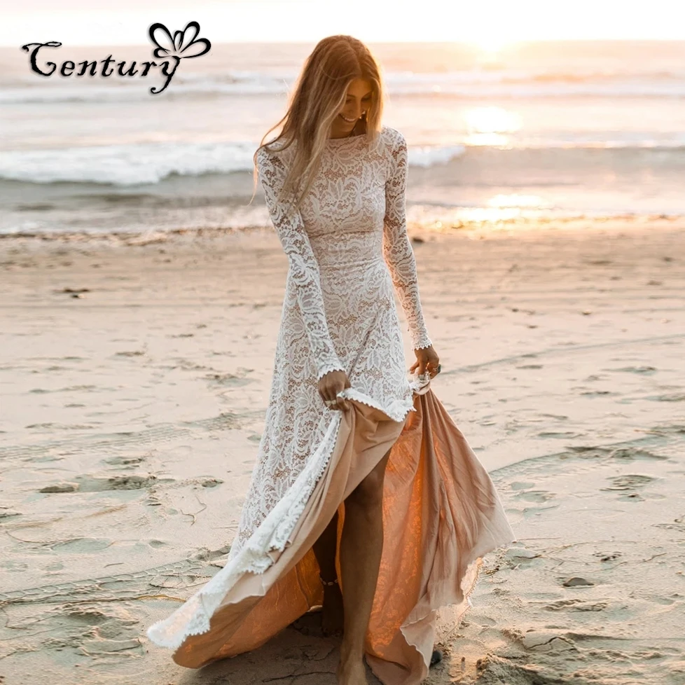 Lace Boho Wedding Dress Women Long Sleeve Side Slit Backless Sheath Beach Bride Dresses 2024 Vestido de Novia Bohemio Customized