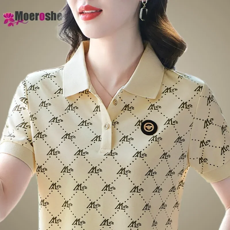 Printed Lapel Golf T-shirt Turn Down Collar Woman Polo Neck Ladies Sports Short Sleeve Elegant Blouses 2024 Women's T-shirts