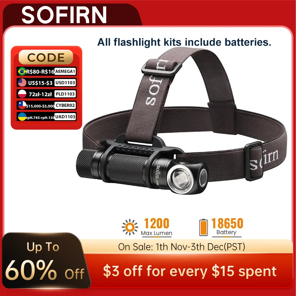 SOFIRN SP40A Headlamp Rechargeable TIR Optics Lens LED 18650 USB Head Lamp 1200lm Torch with Magnet Tail Cap