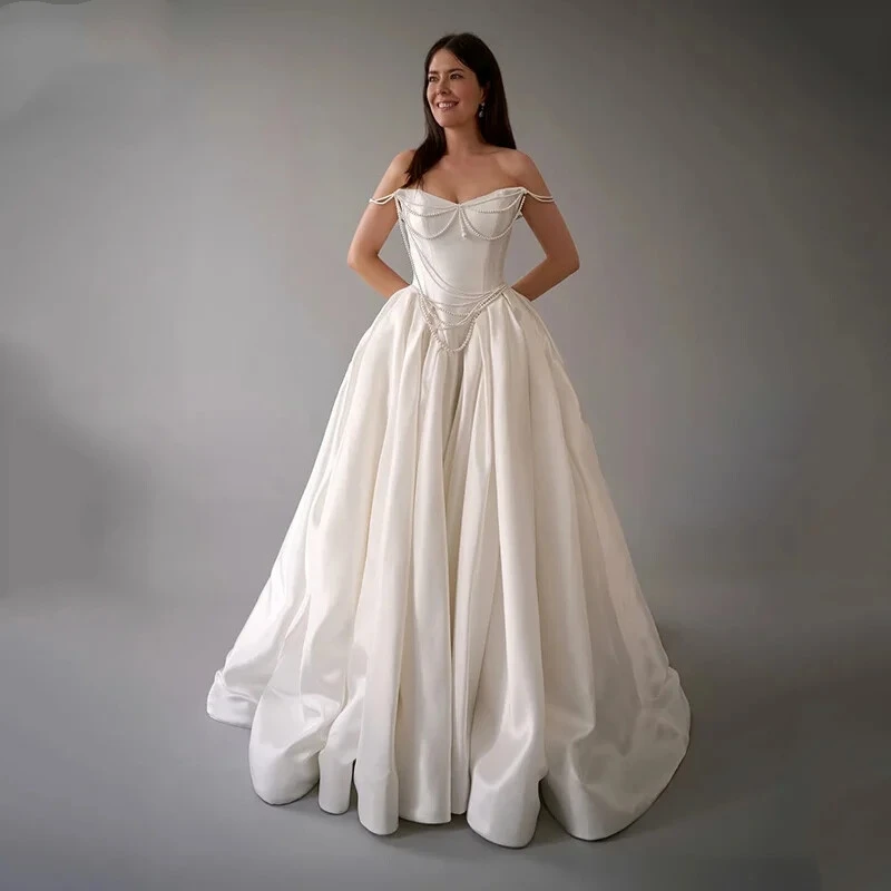 

Strapless Satin Wedding Dresses for Women Pearl Chain Bride Long Formal Evening Gowns