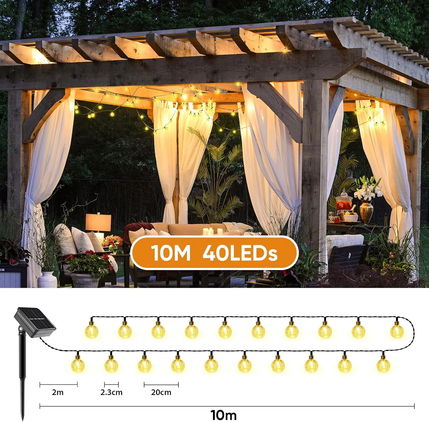 Salcar, luces solares de exterior de 10 metros con 5 metros de luces LED en forma de bolas de cristal, resistente al agua (IP44), 8 modos de iluminación, ideal para decorar jardines, balcones y tiendas de campaña.