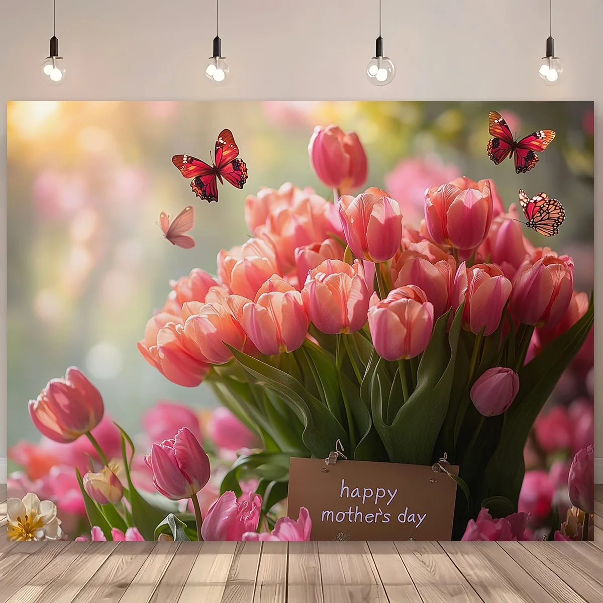 1 fondo de tulipán rosa y mariposa con texto "Feliz Día de la Madre", decoración festiva | Tema de primavera |
