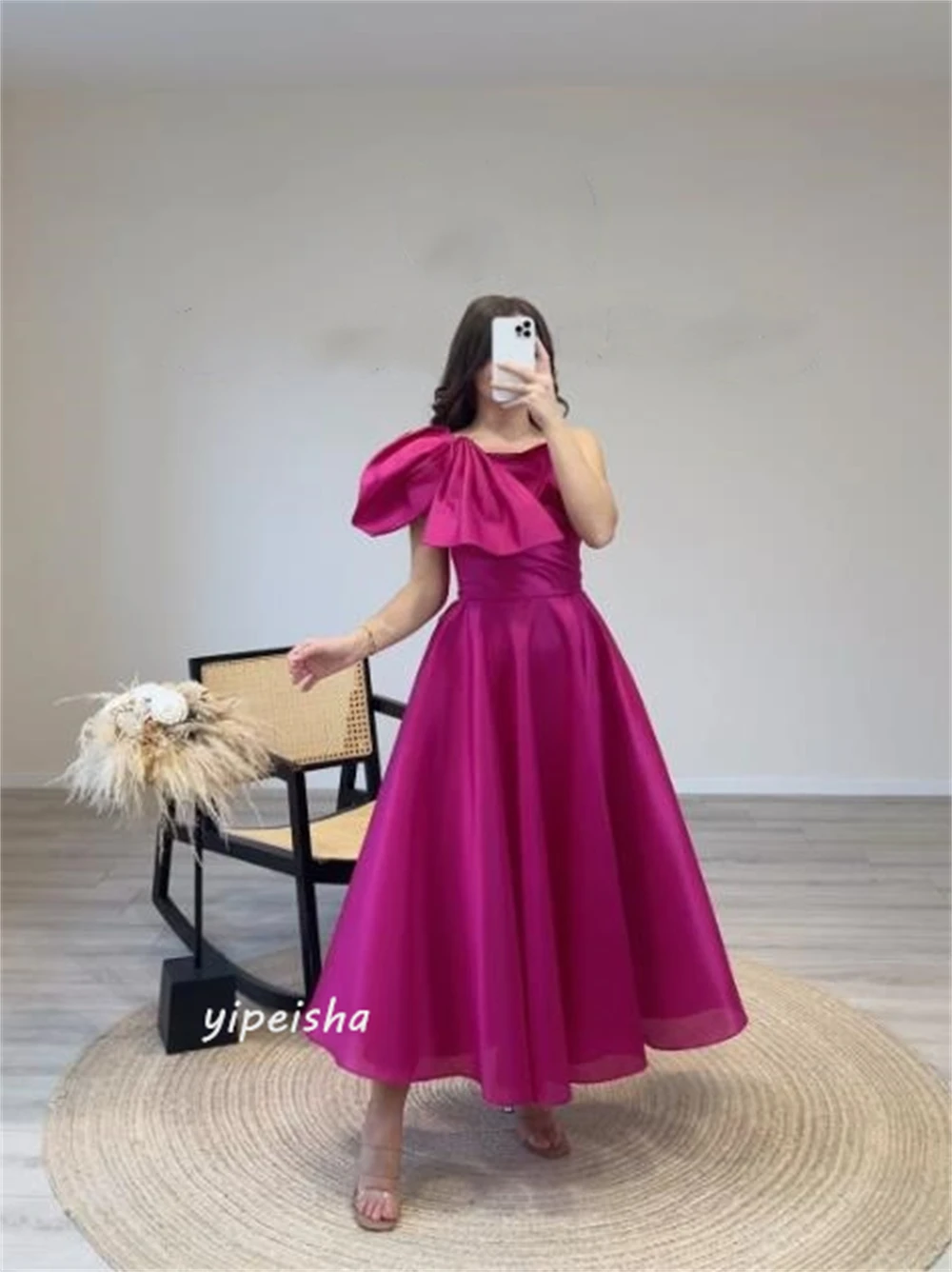 Ball Dress Saudi Arabia Prom Satin Pleat Cocktail Party Ball Gown One-shoulder Bespoke Occasion Gown Midi Dresses