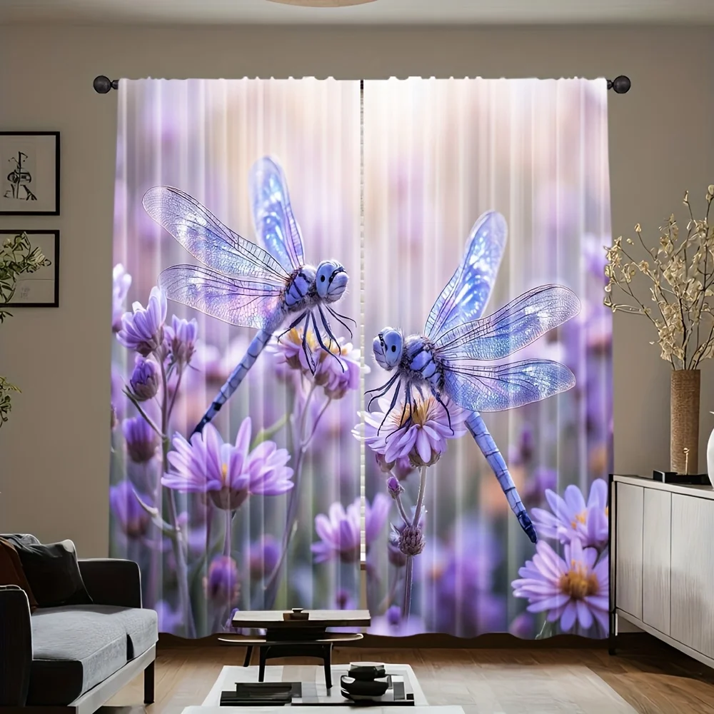Vibrant Purple Floral Butterfly Dragonfly Art Print Window Curtains for Living Room Home Decor Aesthetic Nature Drapes