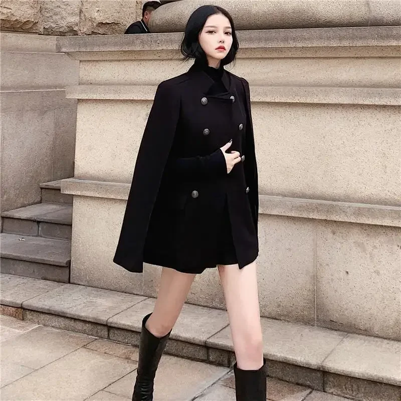 Winter new black cape coat can be used with loose stand collar medium long woolen coat for women