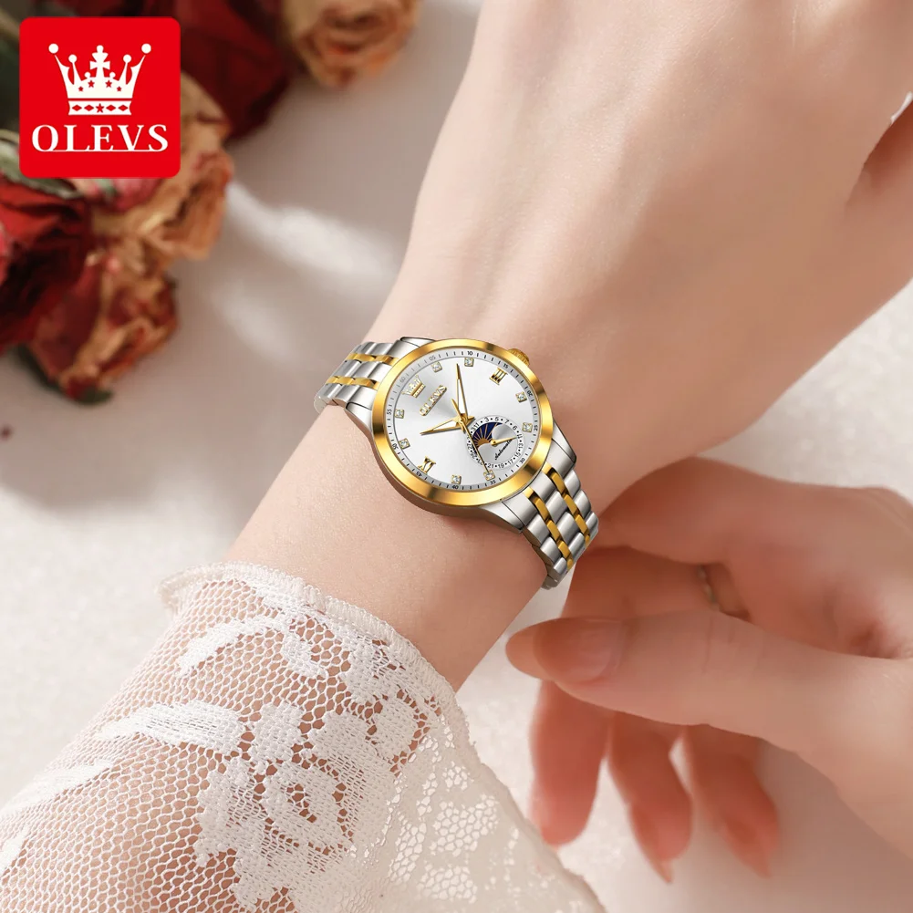 ساعة ماركة OLEVS، ساعة ميكانيكية أوتوماتيكية بالكامل لمرحلة القمر، ساعة نسائية، ساعة نسائية 7041