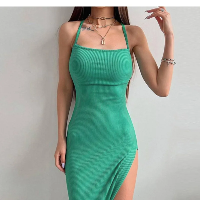 Sexy Black Long Bodycon Dress Women Summer Sleeveless Blackless Halter Neck Spaghetti Strap Dresses High Split Vestidos