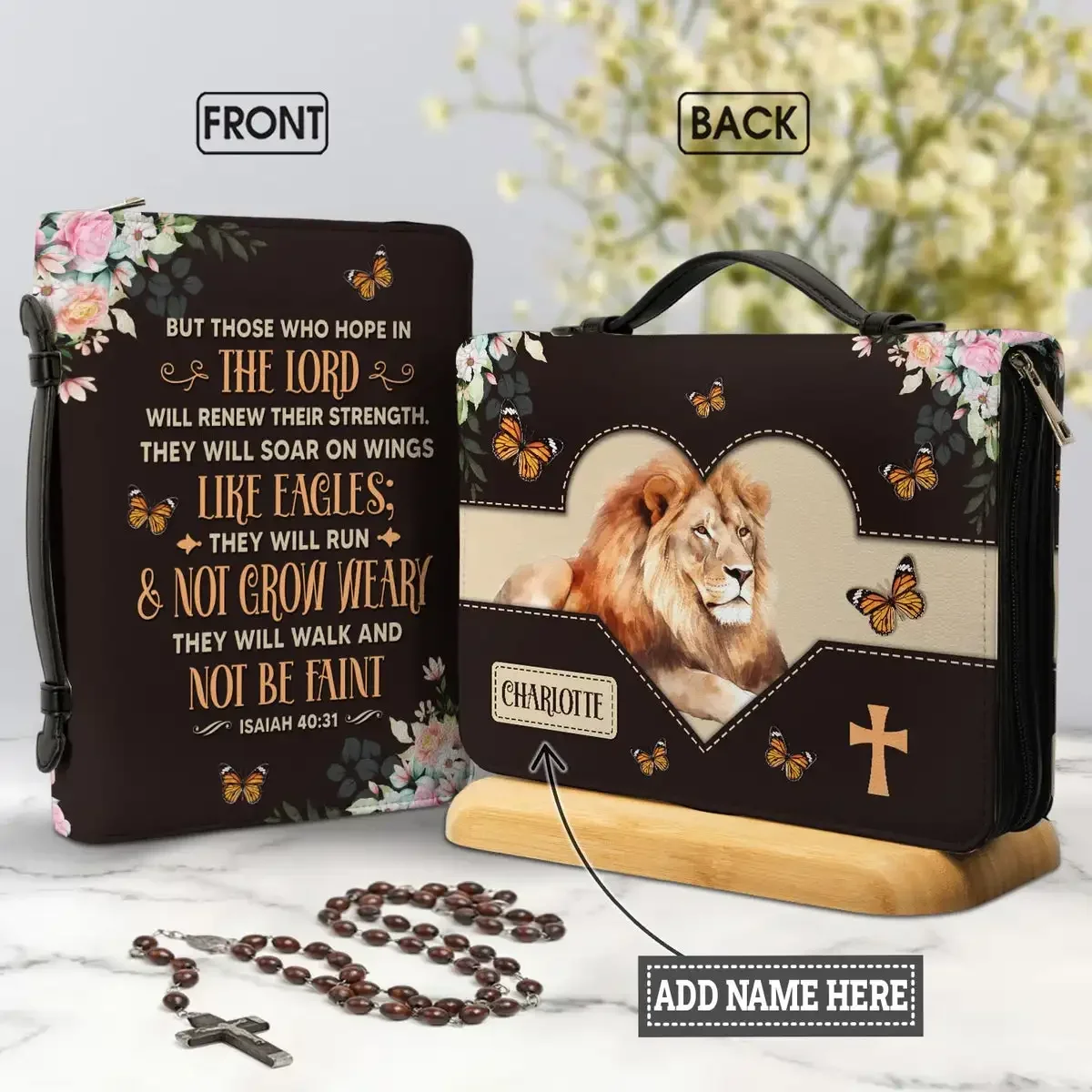 

Lion Cross Butterflies Design Bible Storage Bags But Those Who Hope In The Lord Print Women's Handbag Leather Handle Bible Case