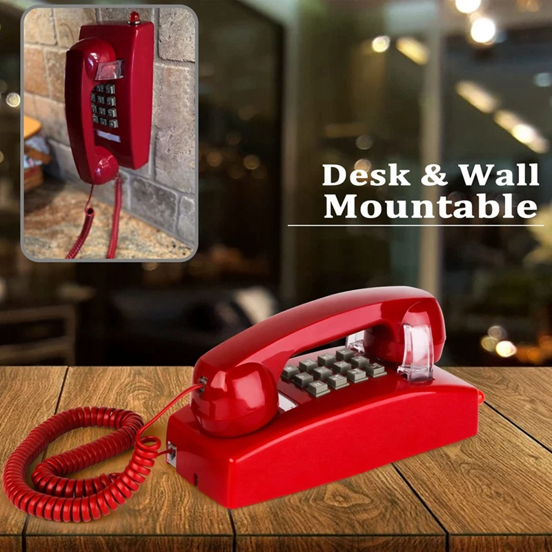 Classic Wall Phones For Landline With Mechanical Ringing, Single Line 2554 Wall Telephone With Voicemail Indicator Durable Red