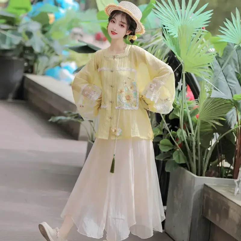 Ming Dynasty Hanfu Suit Yellow Square Collar Butterfly Sunflower Embroidered Long Sleeved Top White Skirt Women Cute Tang Suit