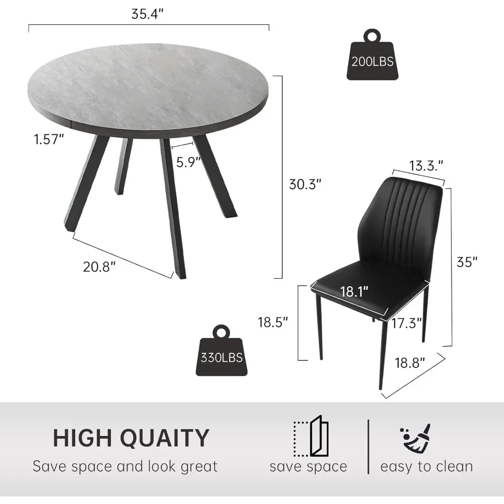 4-person round dining table set, dining table+4 black chairs, with four carbon steel legs for anti slip support, free delivery