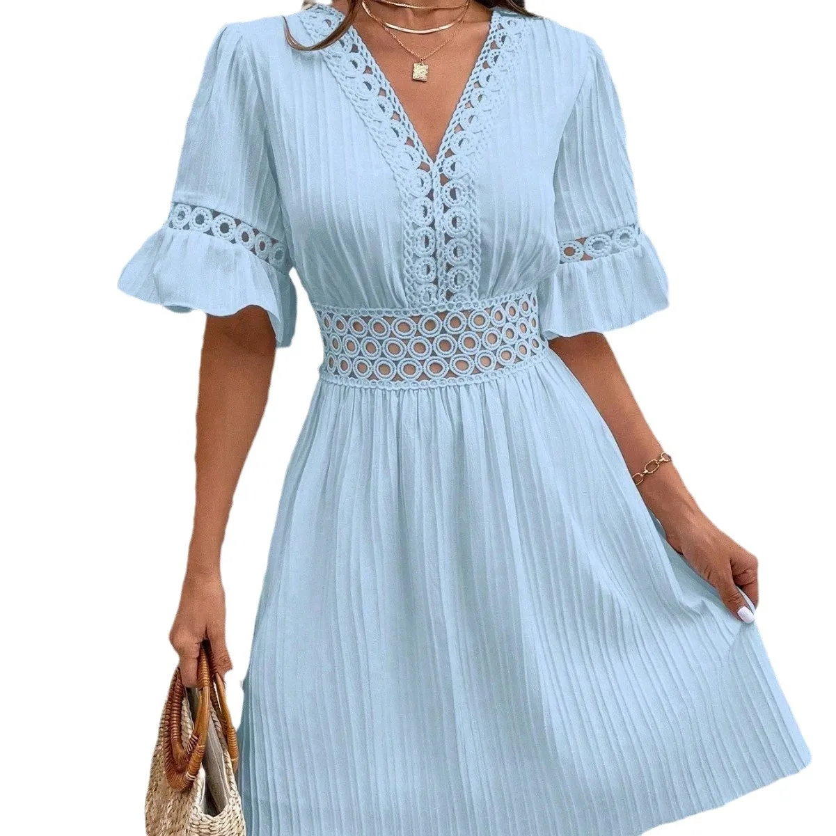 Vestidos Cortos Spring Summer Vneck Beach Vacation All-match Skirt Fashion Waist Solid Color Splicing Short-sleeved A-line Dress