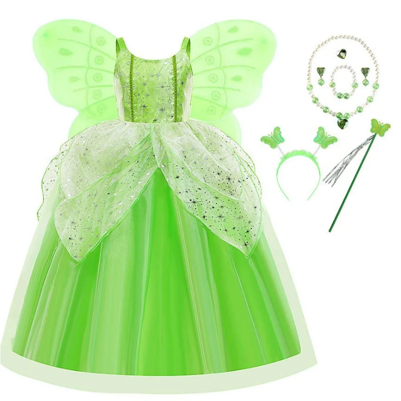 Disney Tinker Bell Princess Halloween Cosplay Girls Party Green Flower Fairy TinkerBell Dress Elf Costume Glitter Butterfly Wing