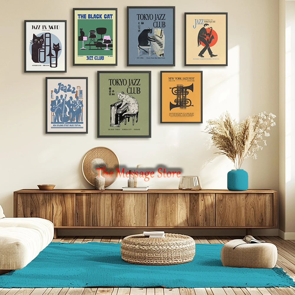 Black Cat Vintage Jazz Music Dopamine Trendy Apartment Wall Art New Orleans NYC Jazz Poster Canvas Painting Wall Pictures Decor