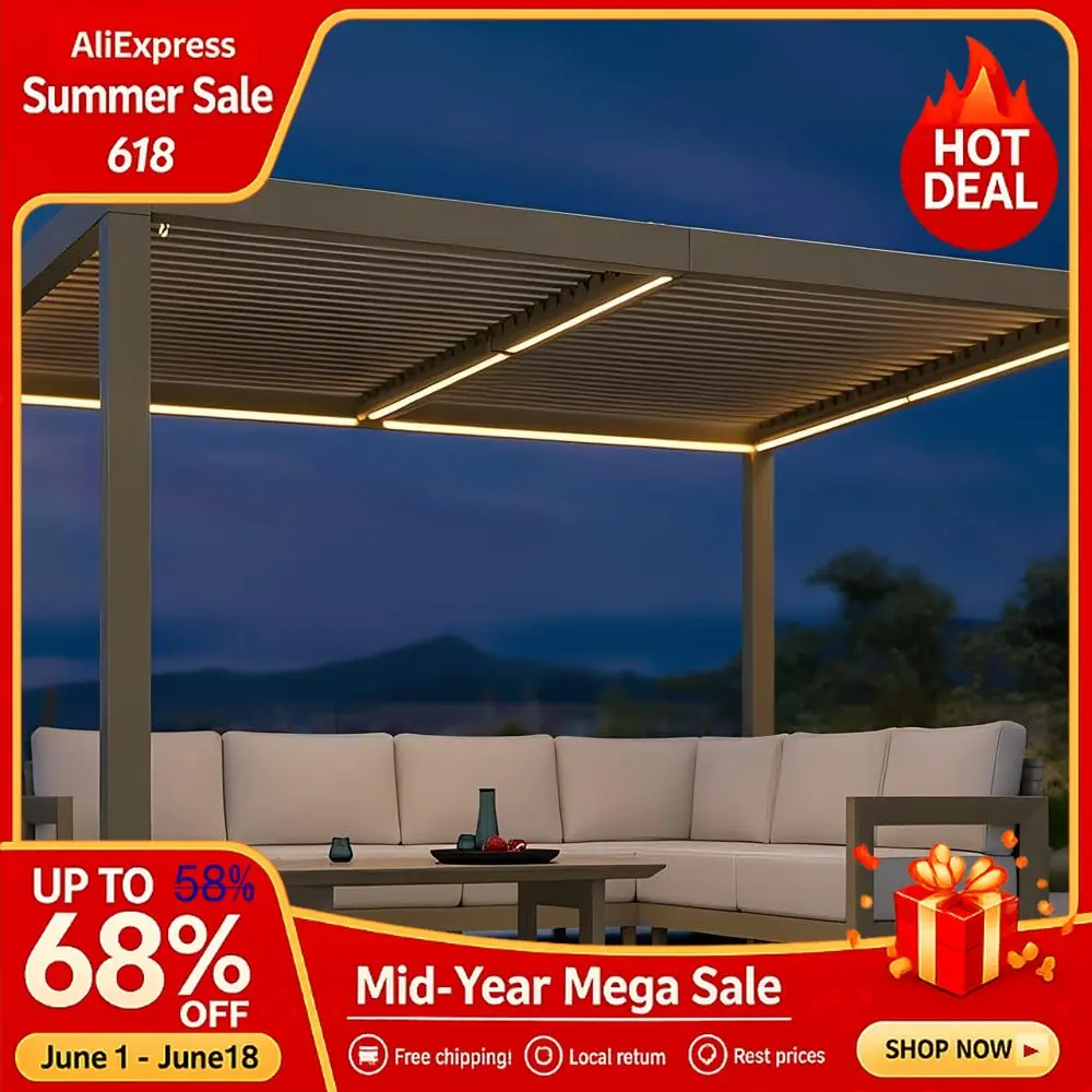 

Louvered Pergola 10x12 ft with LED Strip Lights, Aluminum Outdoor Pergola with Independent Adjustable Roof for Deck Patio Custom
