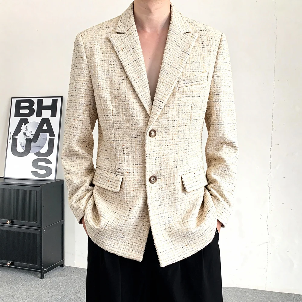 

Мужской костюм-жакет в корейском стиле, из смешанных волокон, с наплечниками, модная городская молодежная верхняя одежда, длинный рукав, цветной